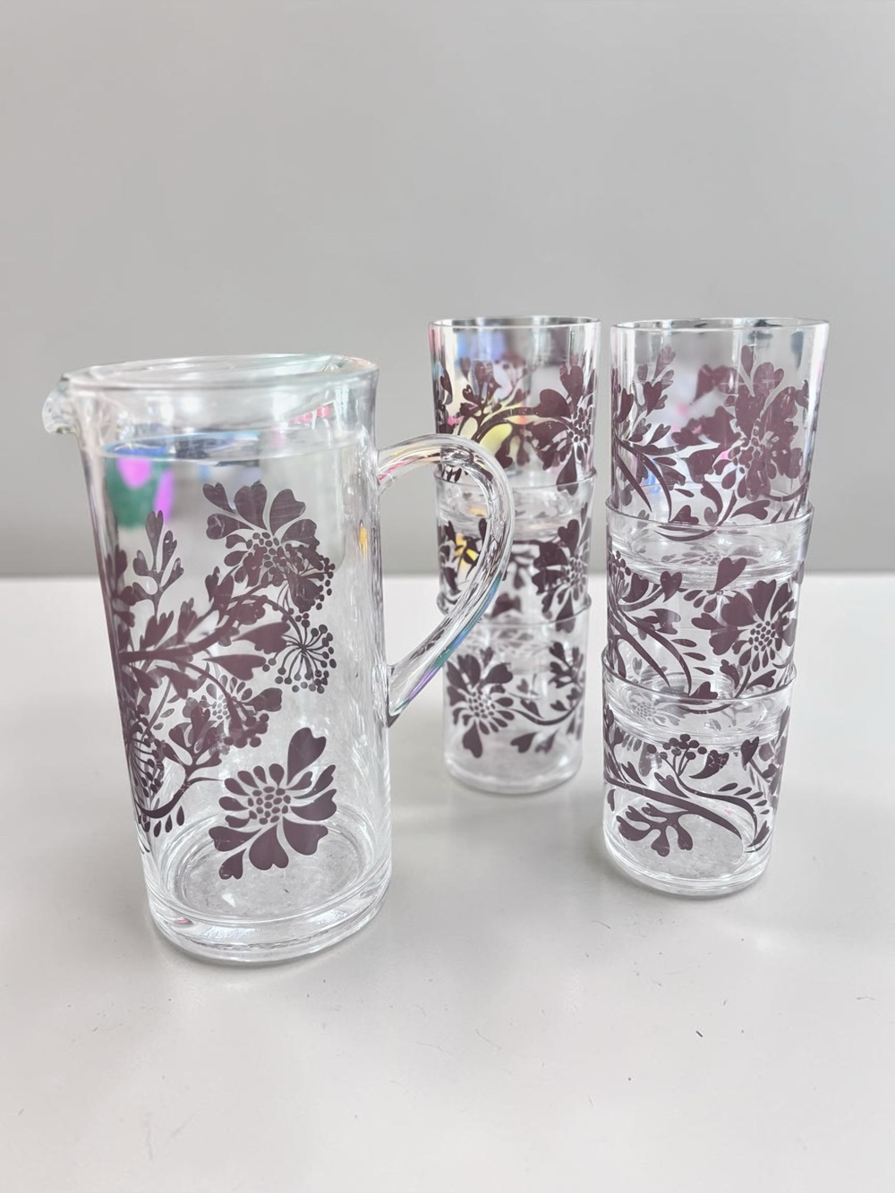 Vintage Floral Juice Set Pitcher Glasses Precidio Canada 7 Pc
